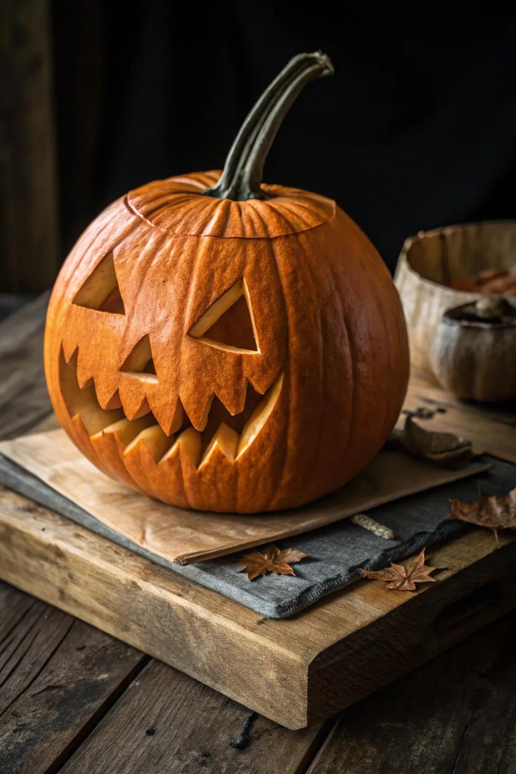 Elevate your Halloween decor with a classic flat jack-o'-lantern, where tradition meets artistry.