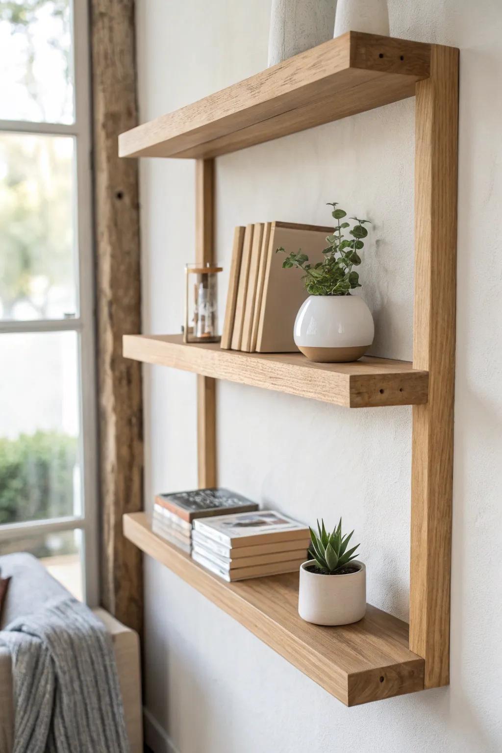 Elevate your space with minimalist magic: a floating bookshelf that blends simplicity with natural beauty.