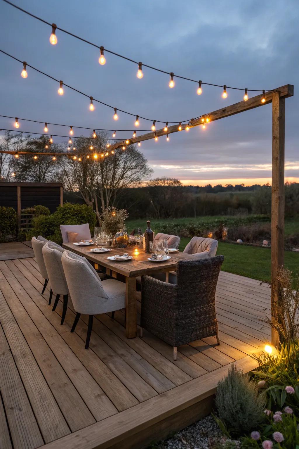 Transform your evenings with a stunning floating deck dining experience.