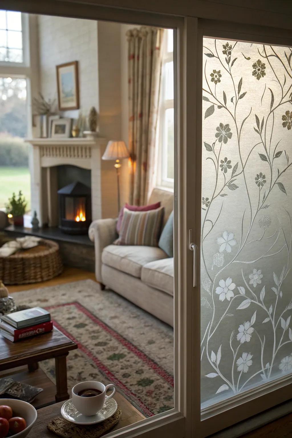 Floral frosted windows bring the beauty of nature indoors.