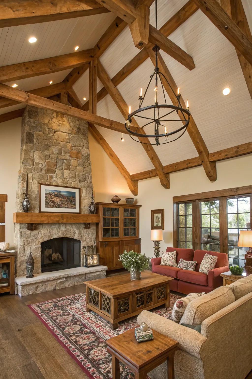 Exposed wooden beams adding rustic charm to a gable ceiling.