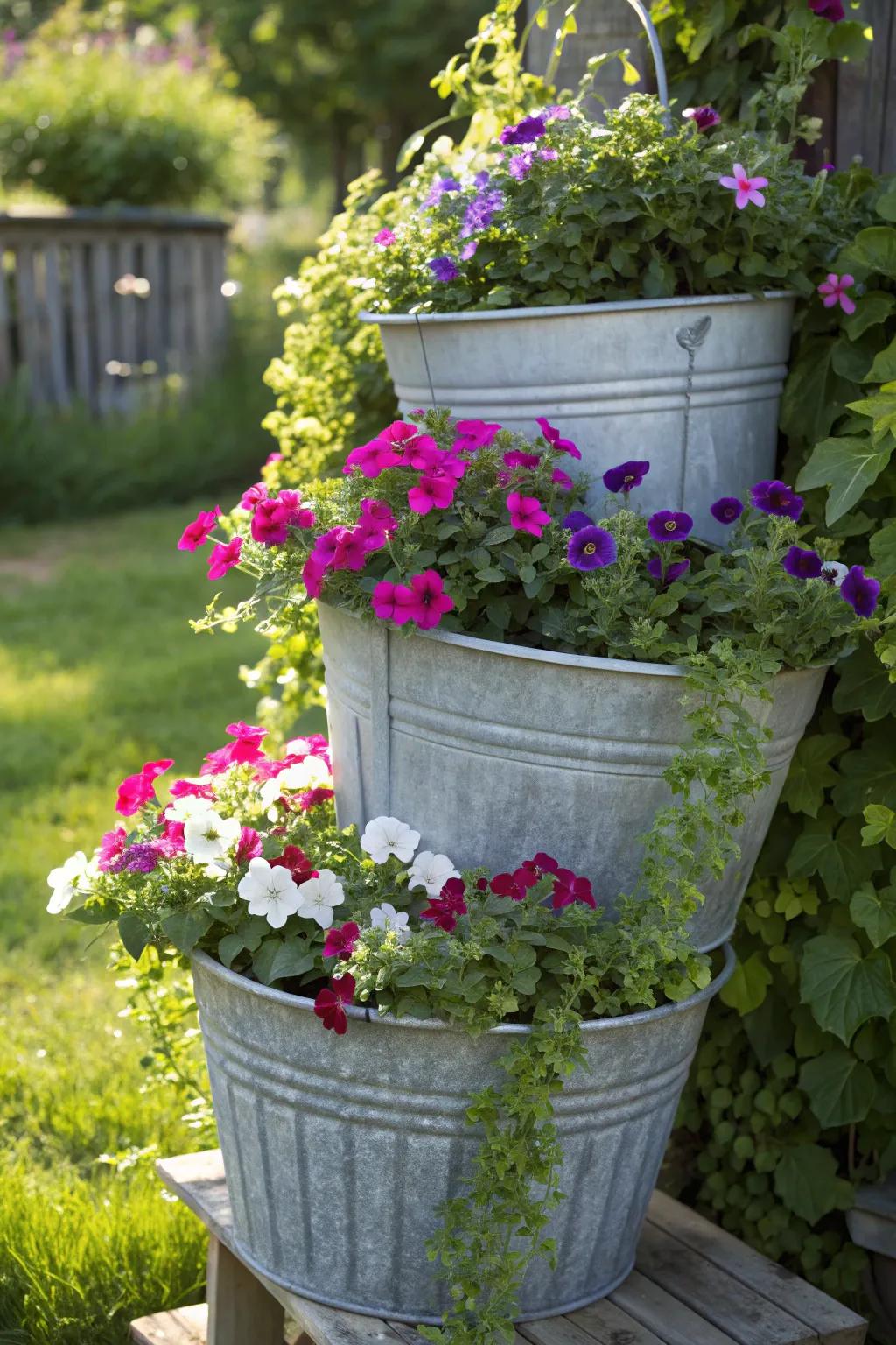 Elevate your garden with a stunning stacked tub planter, where rustic charm meets vibrant blooms.