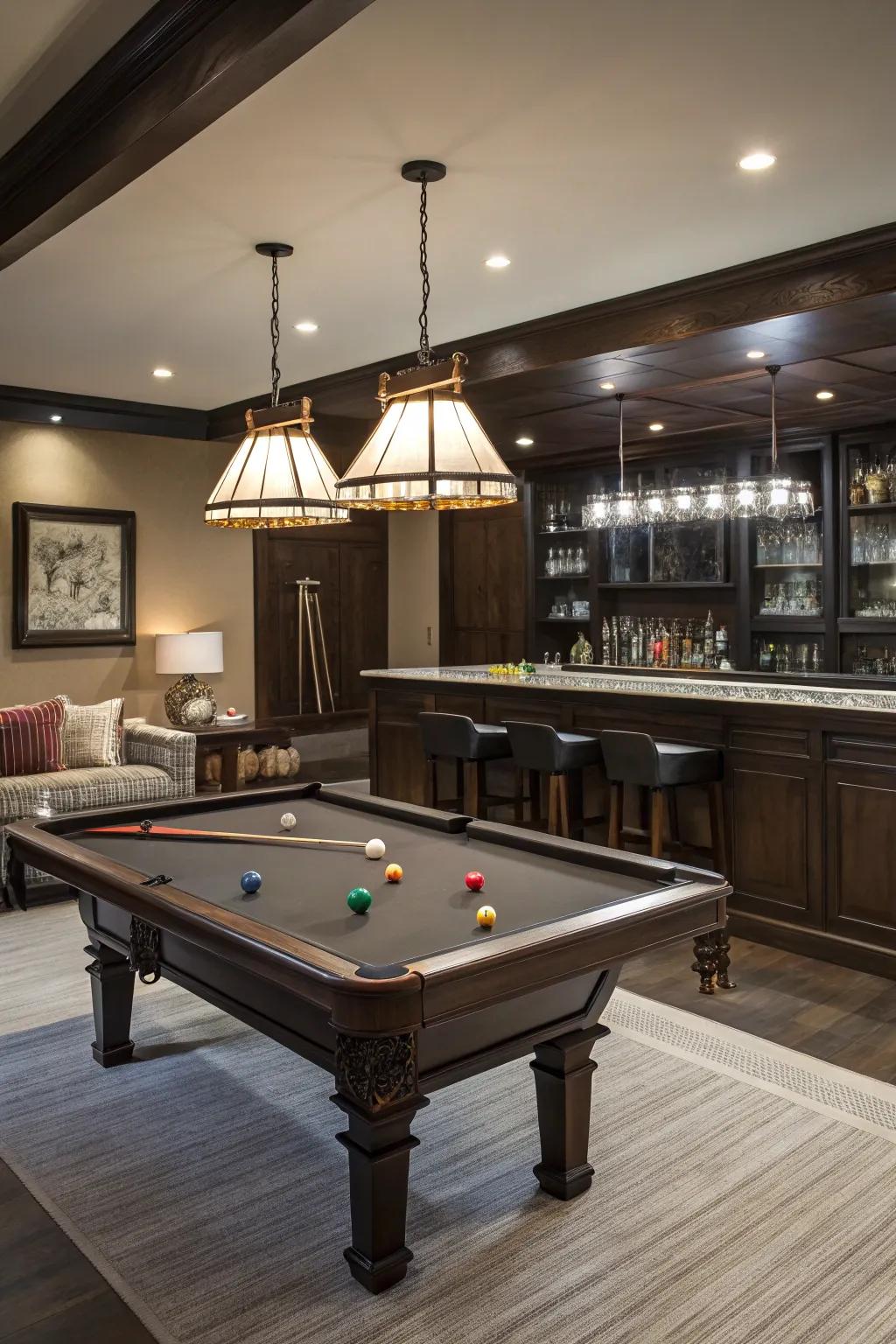 A pool table combined with a sleek bar creates the perfect game room centerpiece.