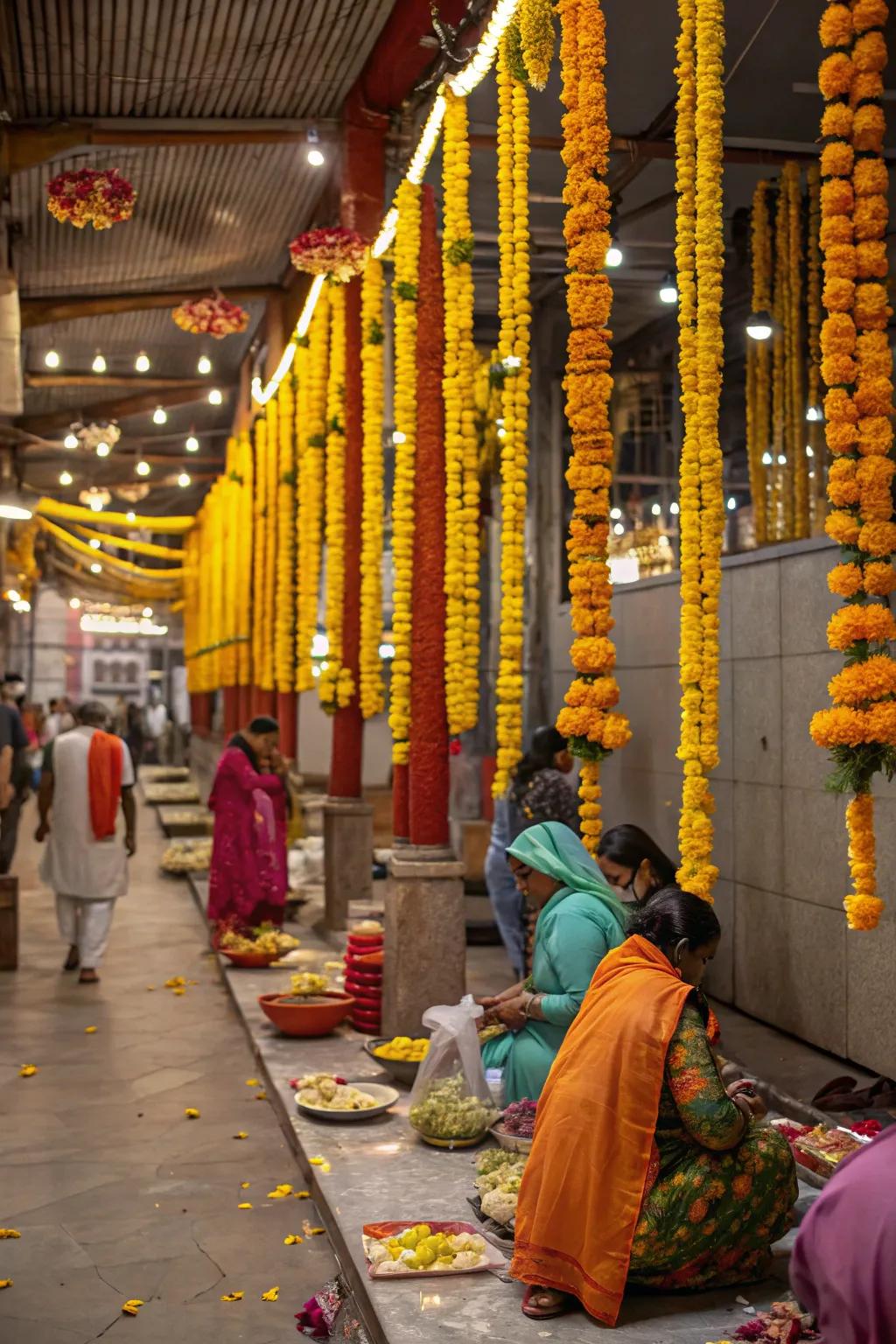 Marigold garlands create a vibrant and festive atmosphere.