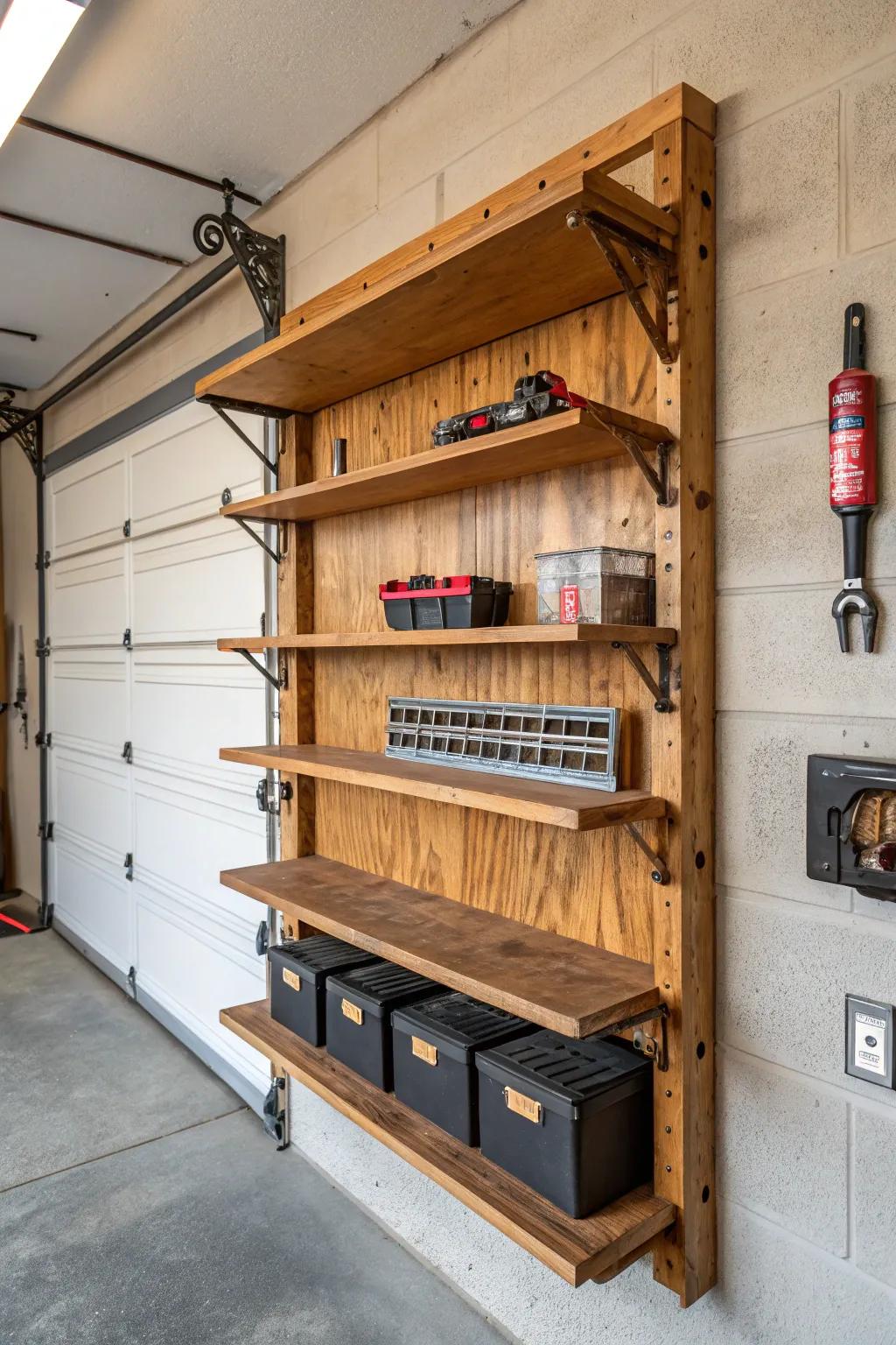 Elevate your garage aesthetics with expertly crafted wall-mounted shelves.