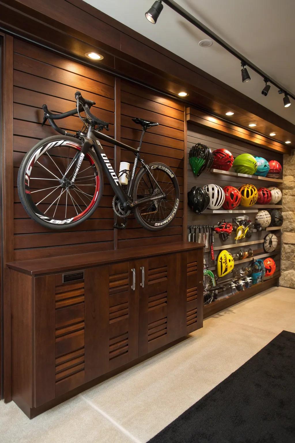 Elevate your garage game with expertly organized slatwall storage for your sports gear.