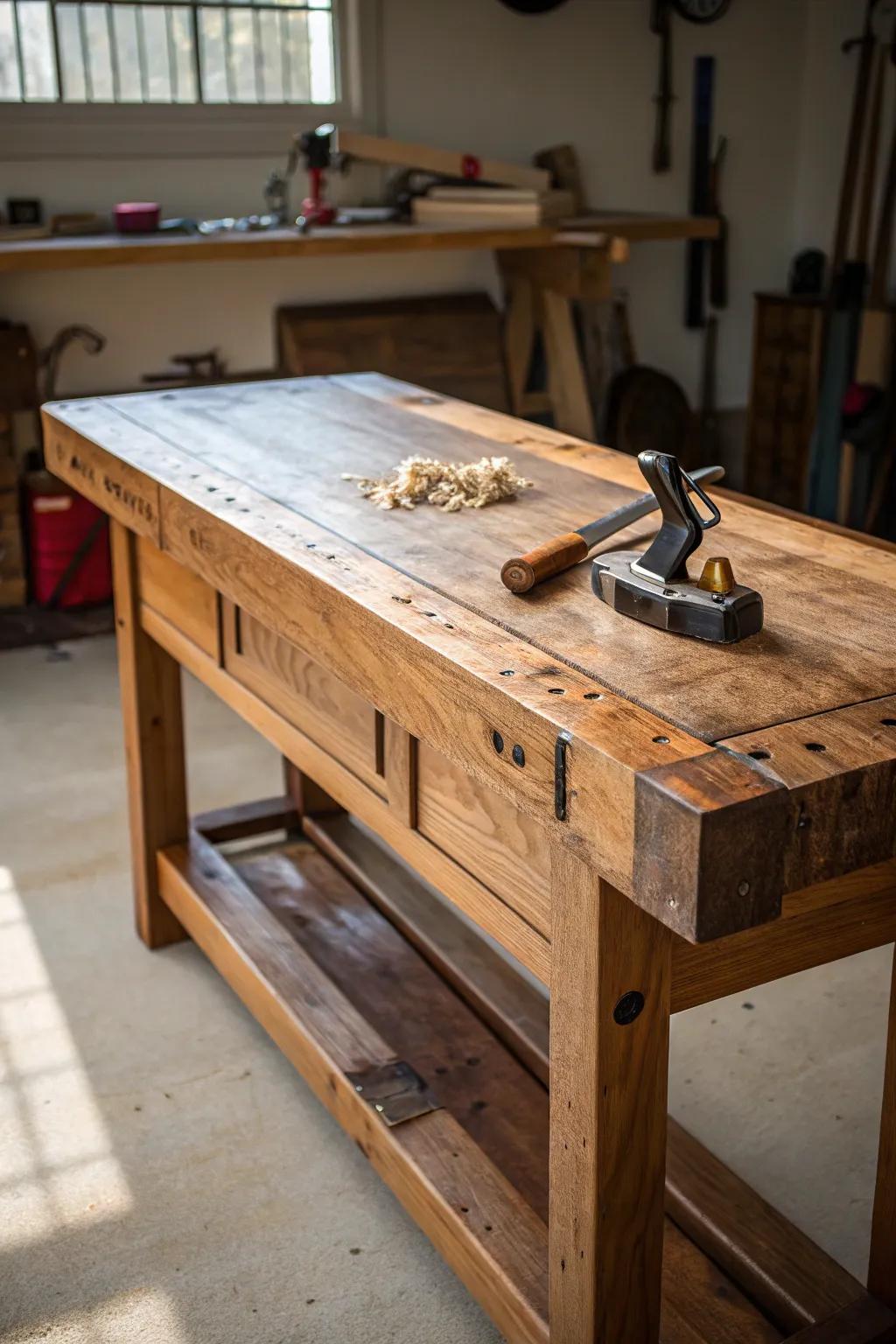 Embrace the timeless elegance of a classic wooden workbench, the centerpiece of craftsmanship in your garage.