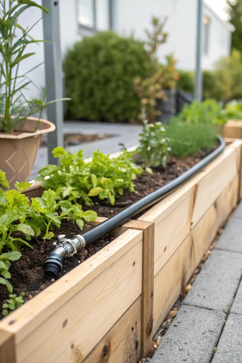 Transform your garden with minimalist elegance: a seamless irrigation solution for your raised beds.