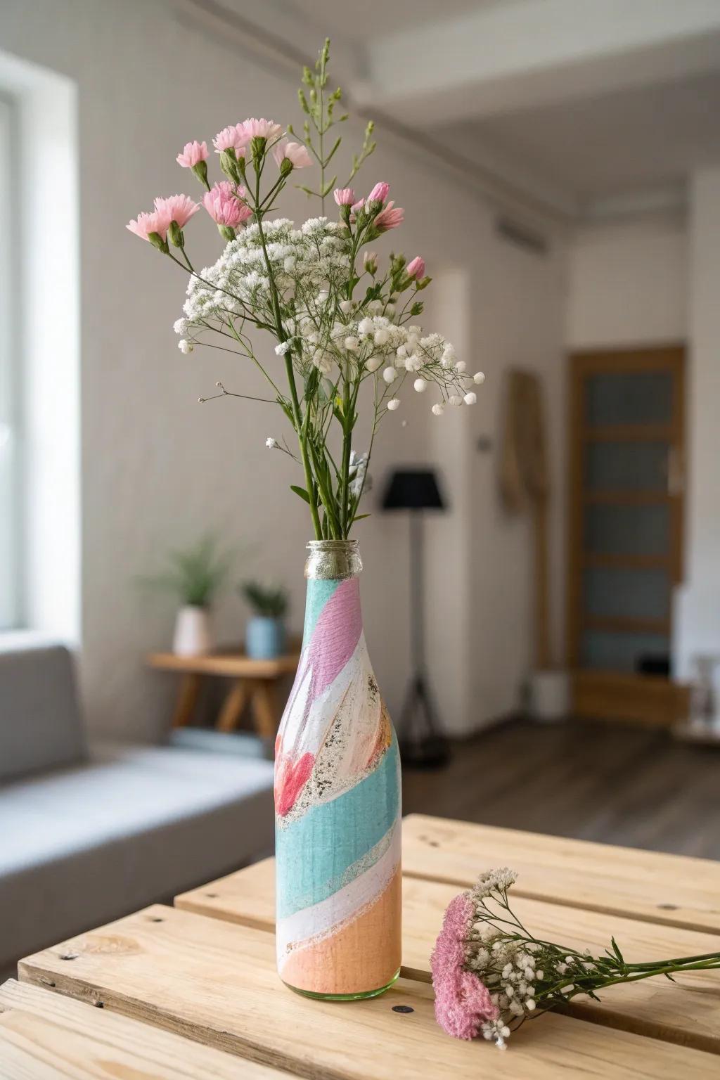 Transform your table with a splash of color using a handcrafted bottle vase.