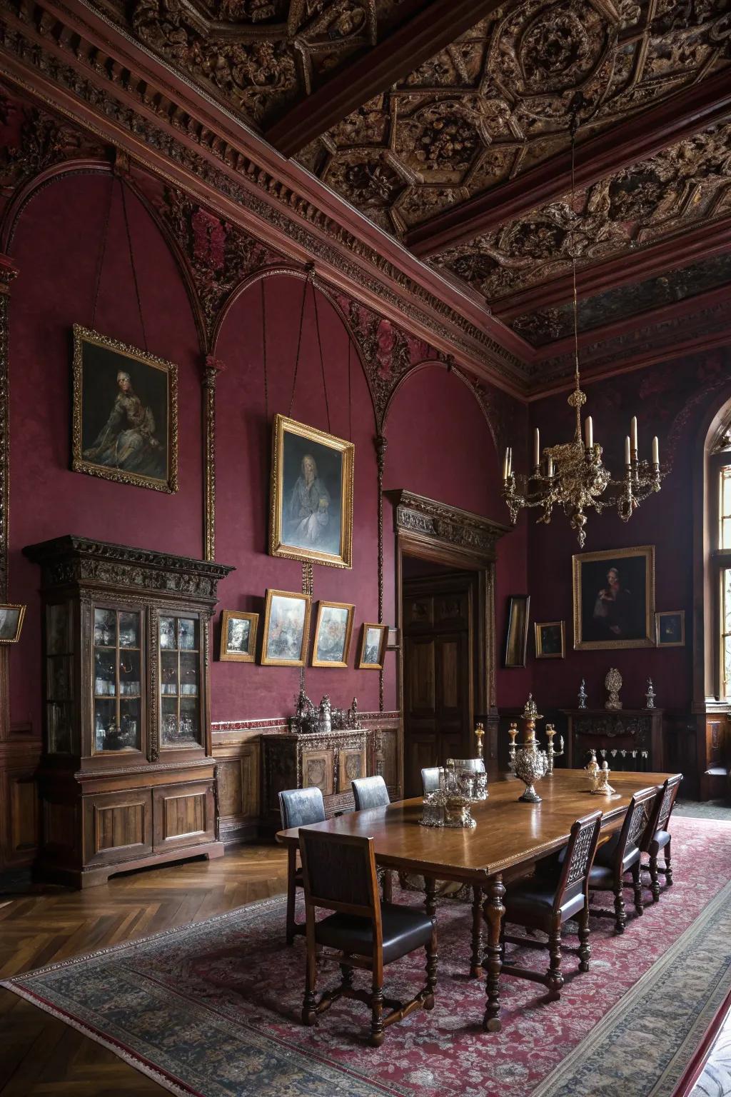 A dining room enveloped in a deep burgundy hue creating a cozy yet dramatic atmosphere.