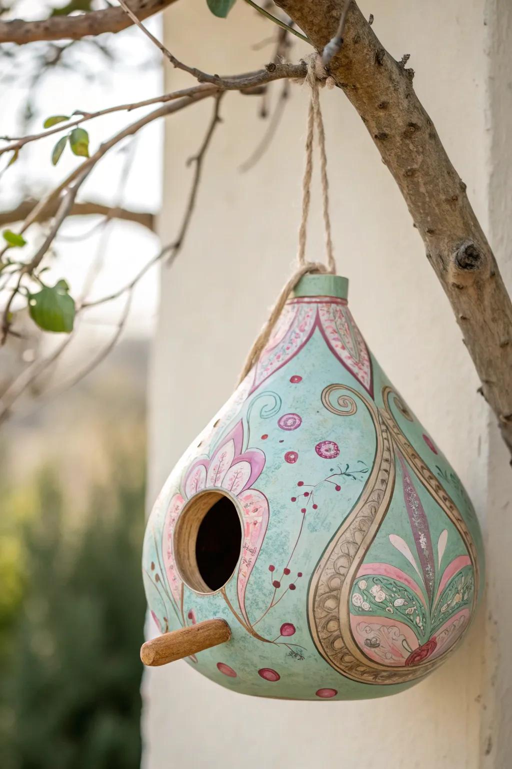 Transform your garden with a touch of whimsy and charm with this handcrafted gourd birdhouse.