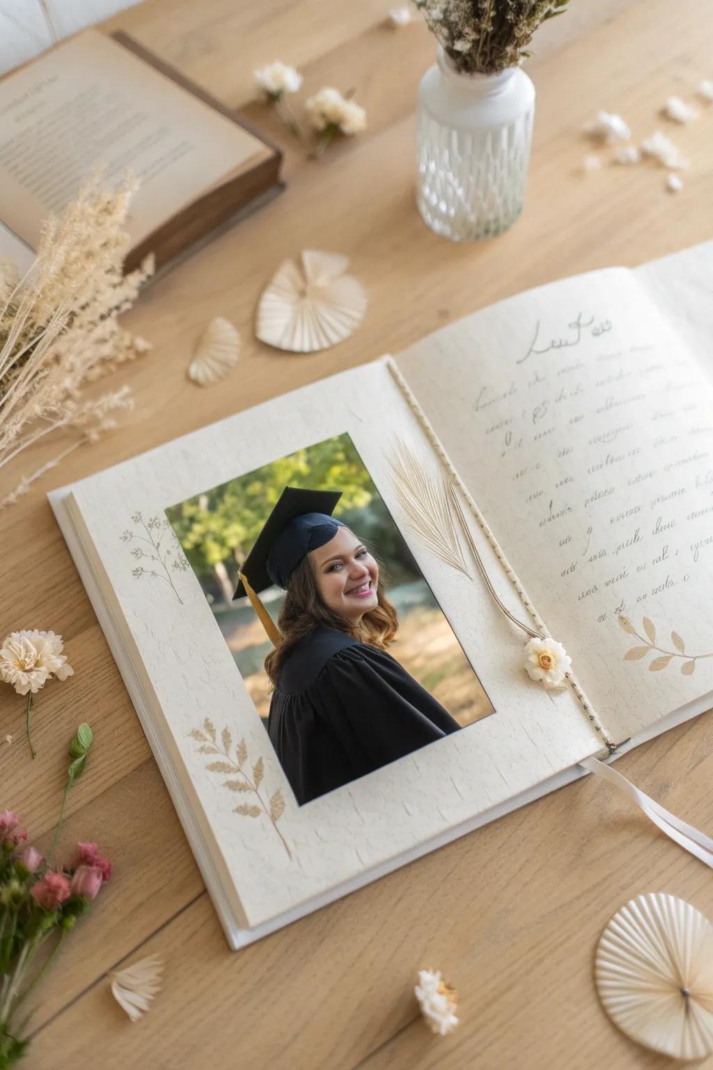 Celebrate the joy of graduation with a beautifully crafted scrapbook page, where simplicity meets elegance.