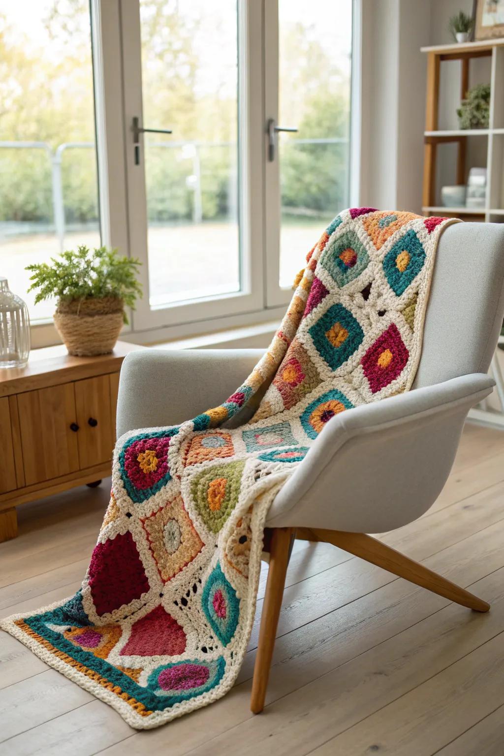 Wrap yourself in warmth and color with this beautifully handcrafted granny square blanket, perfect for cozying up in style.
