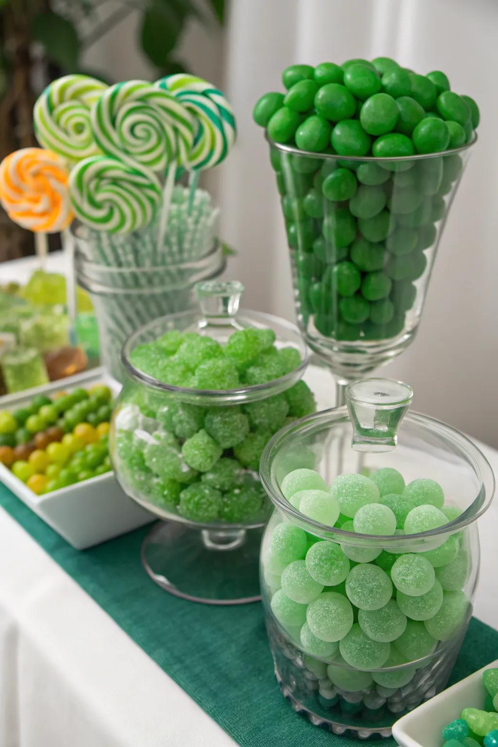 A colorful mix of green candies in clear jars.