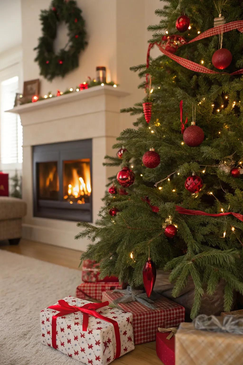 A classic red and green Christmas tree that exudes traditional holiday charm.