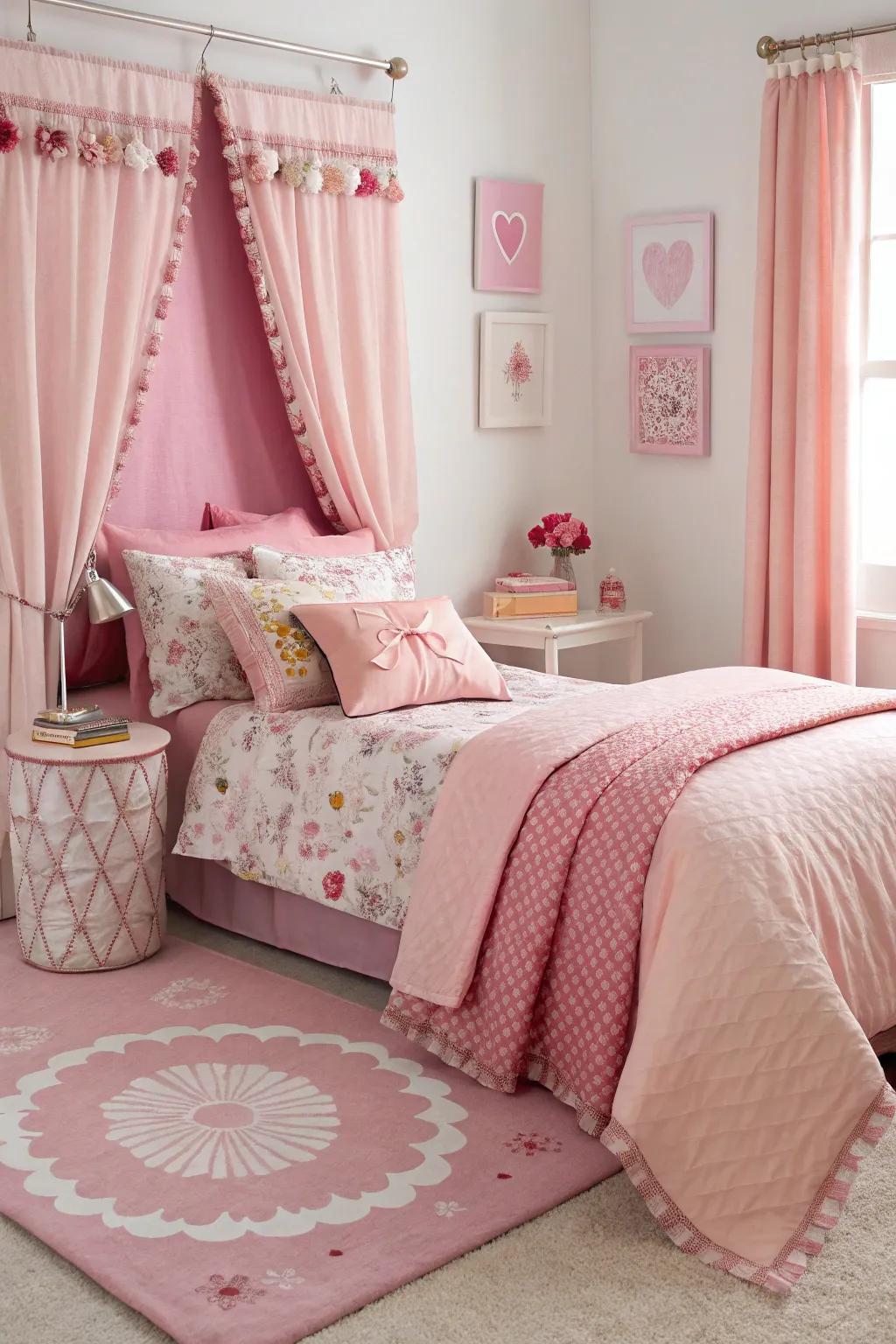 A harmonious blend of pink shades brings depth to the space.