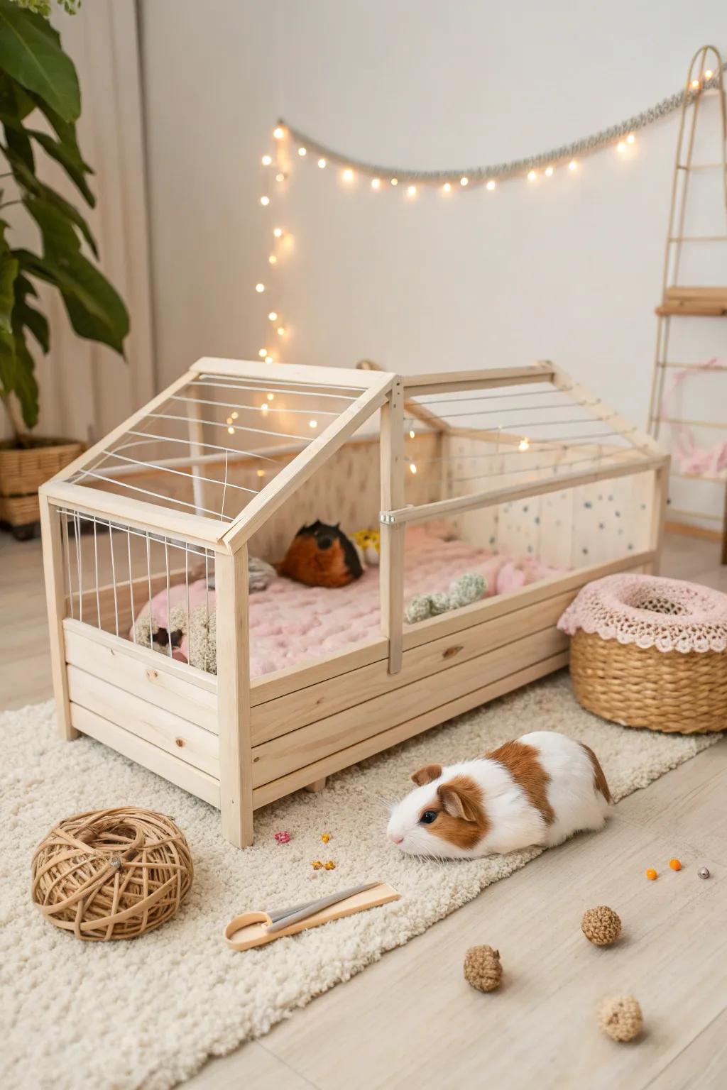Create a cozy haven for your guinea pigs with this Scandinavian minimalist cage setup—where simplicity meets natural beauty!