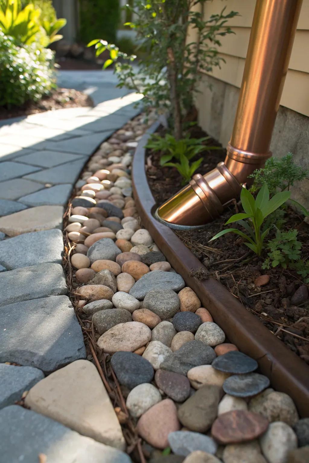 Transform your downspout into a work of art with a charming pebble riverbed.