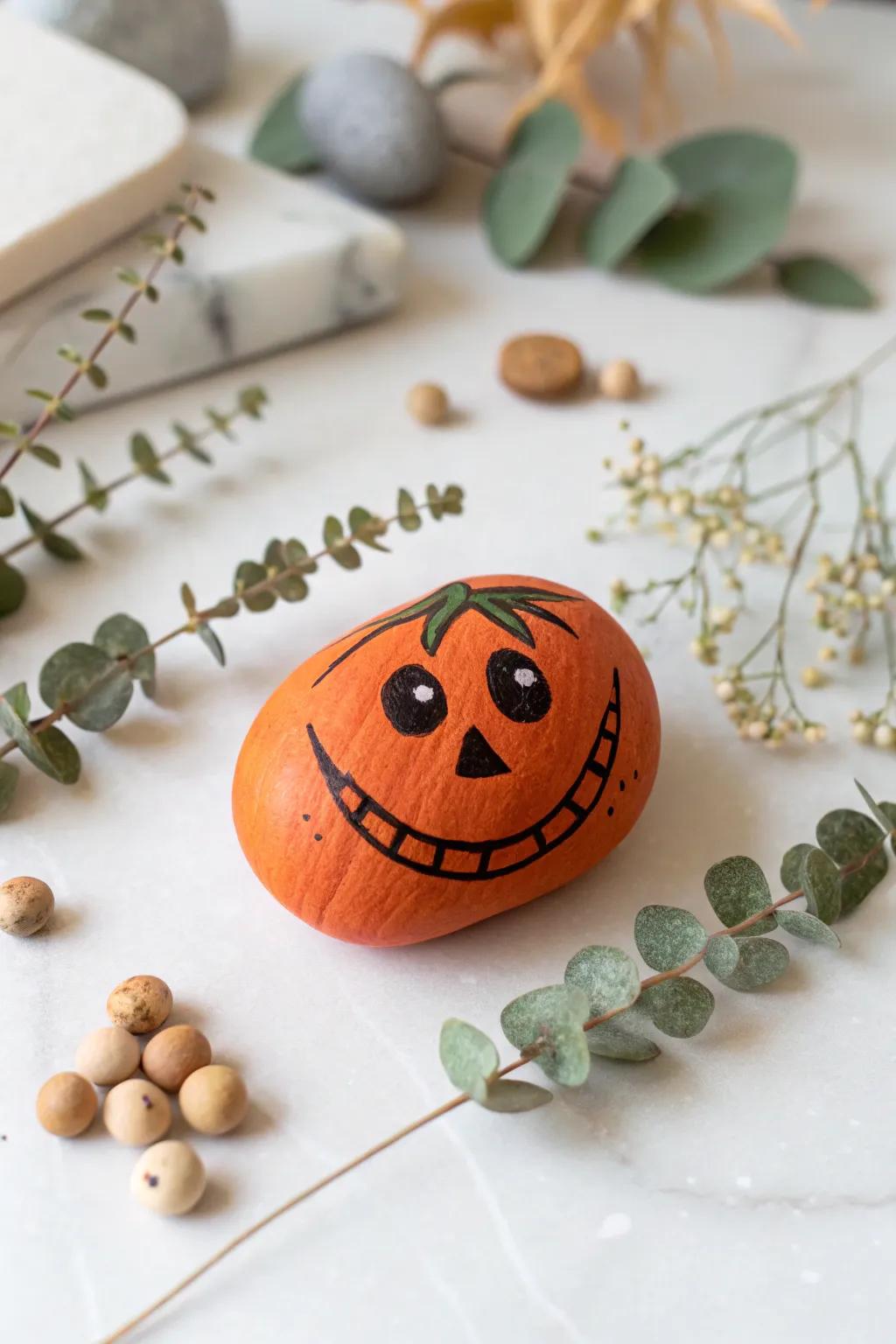 Add a touch of Halloween charm to your decor with these delightful painted pumpkin rocks!