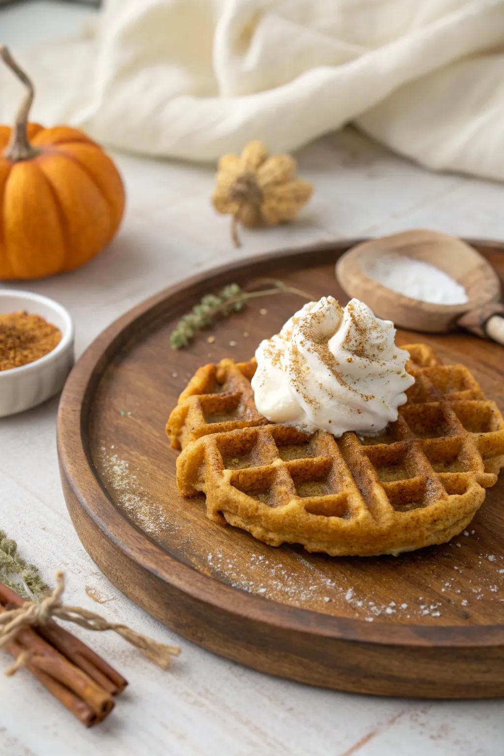 Start your day with a touch of autumn magic—pumpkin-shaped waffles with cinnamon and cream delight!