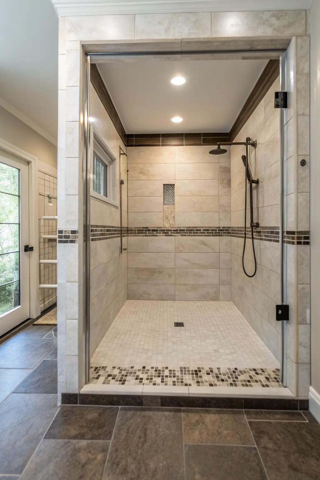 A roll-in shower designed for ease and elegance.