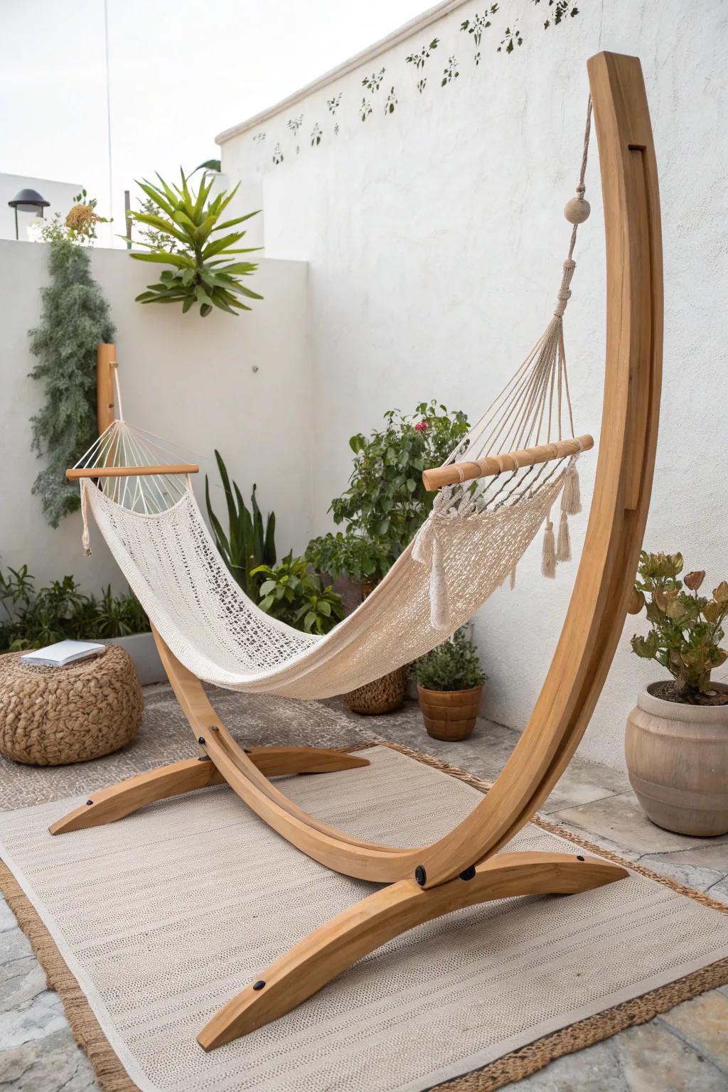 Elevate your relaxation space with a beautifully crafted hammock stand—perfect for minimalist and boho-inspired outdoor retreats.