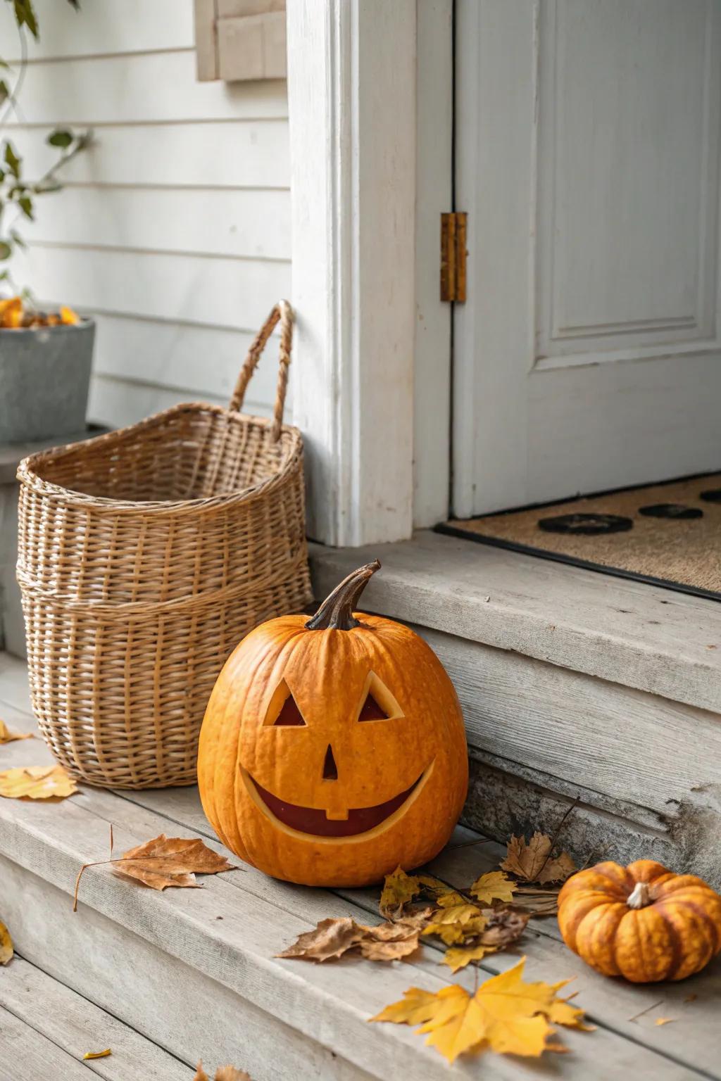 Welcome home with a smile! This charming pumpkin carving brings joy to your doorstep with Scandinavian simplicity and a touch of Boho warmth.