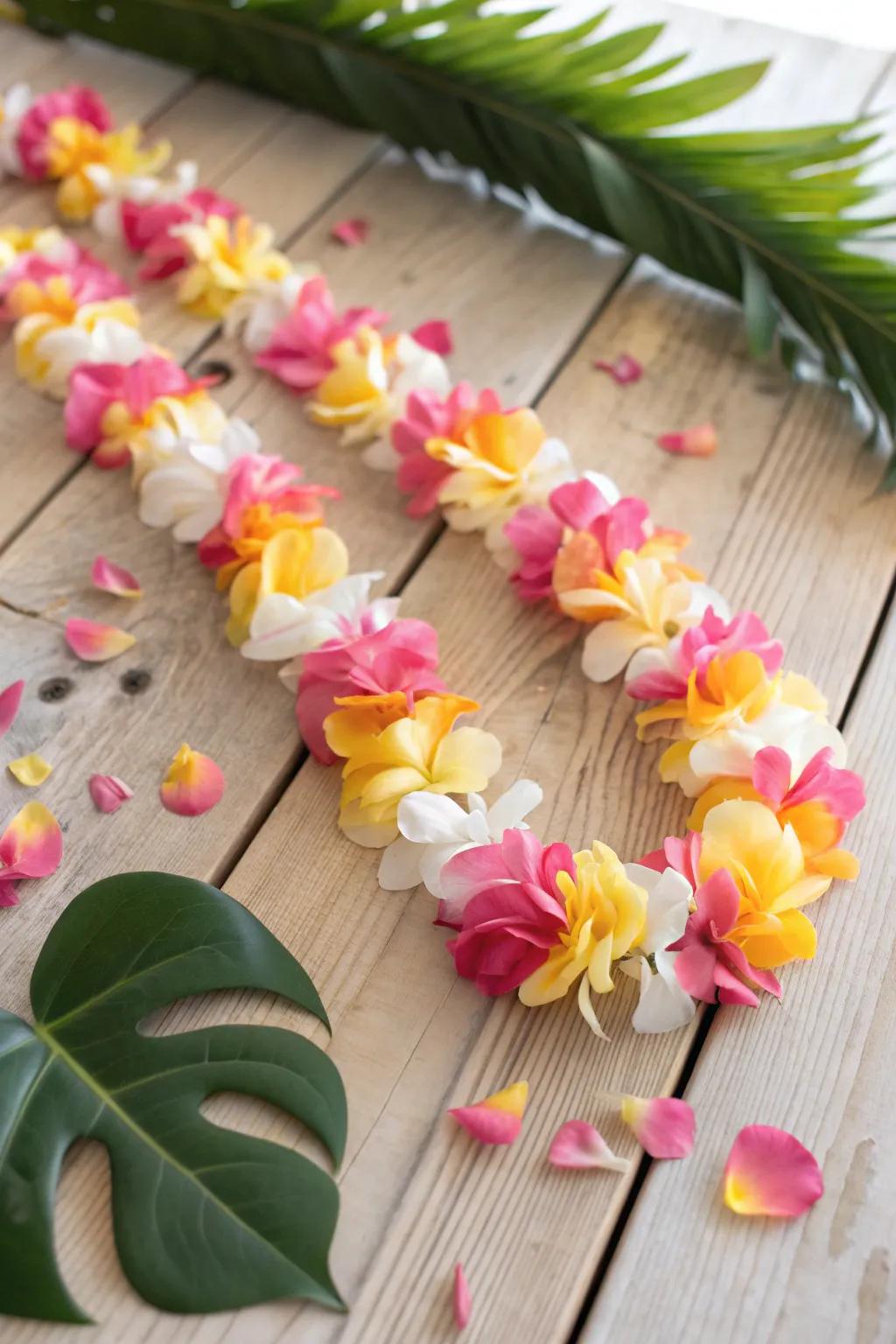 Embrace the beauty of Hawaii with a handcrafted flower lei, where simplicity meets vibrant elegance.