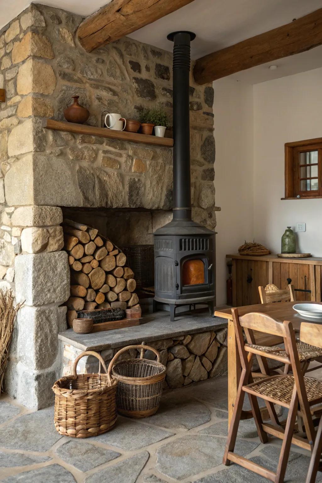 A rustic stone hearth perfectly complements the wood stove and wooden furniture.