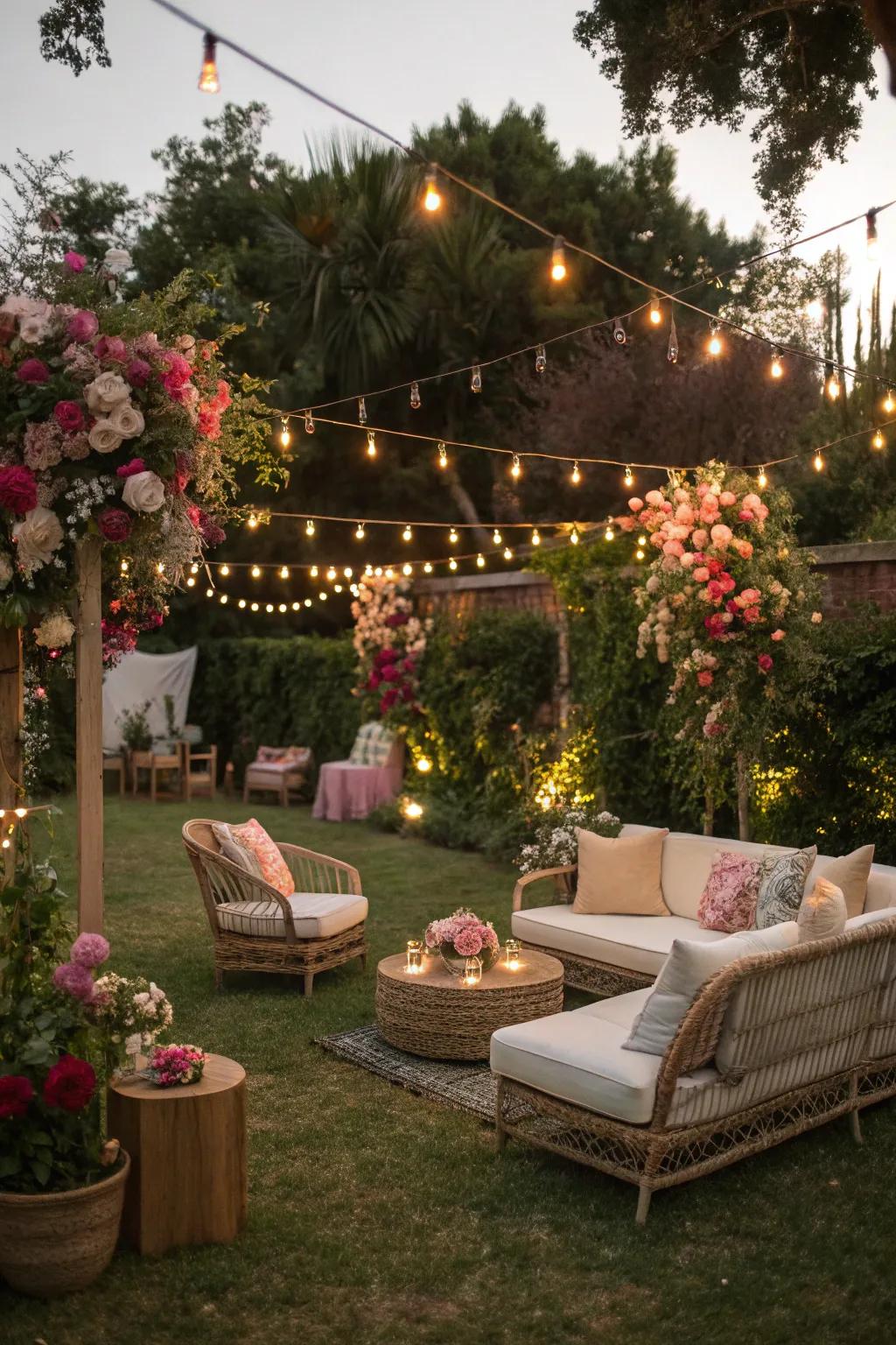Create a magical garden setting for an unforgettable hen party.
