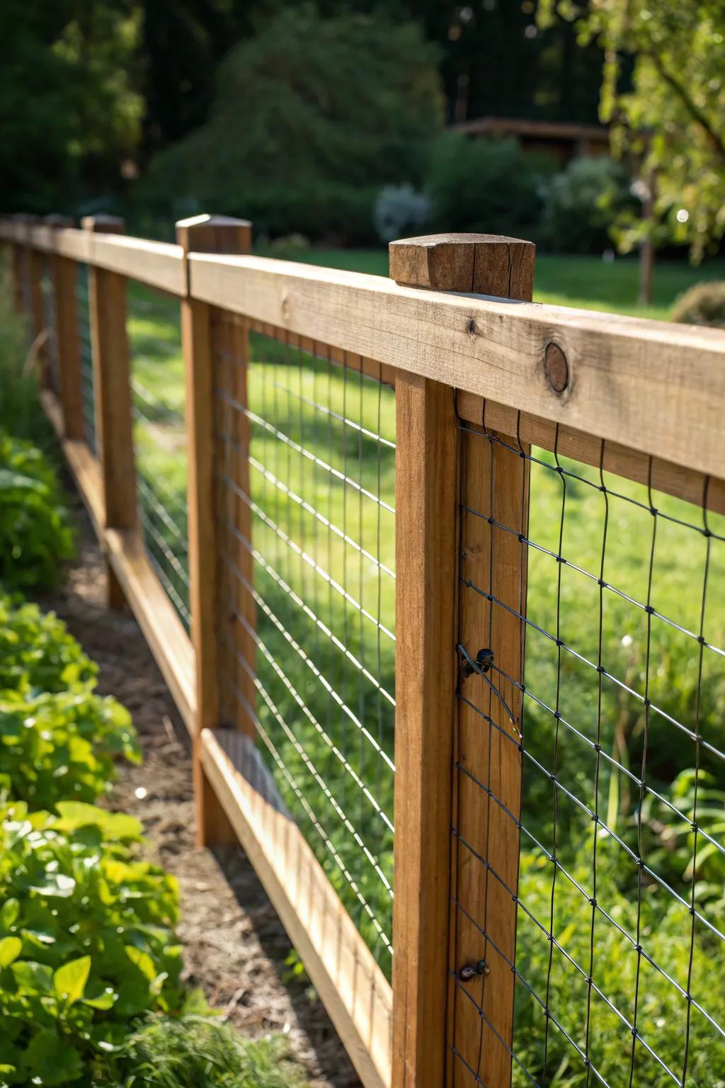 Timeless elegance: Hog wire meets handcrafted wood for a garden fence that blends tradition with modern style.