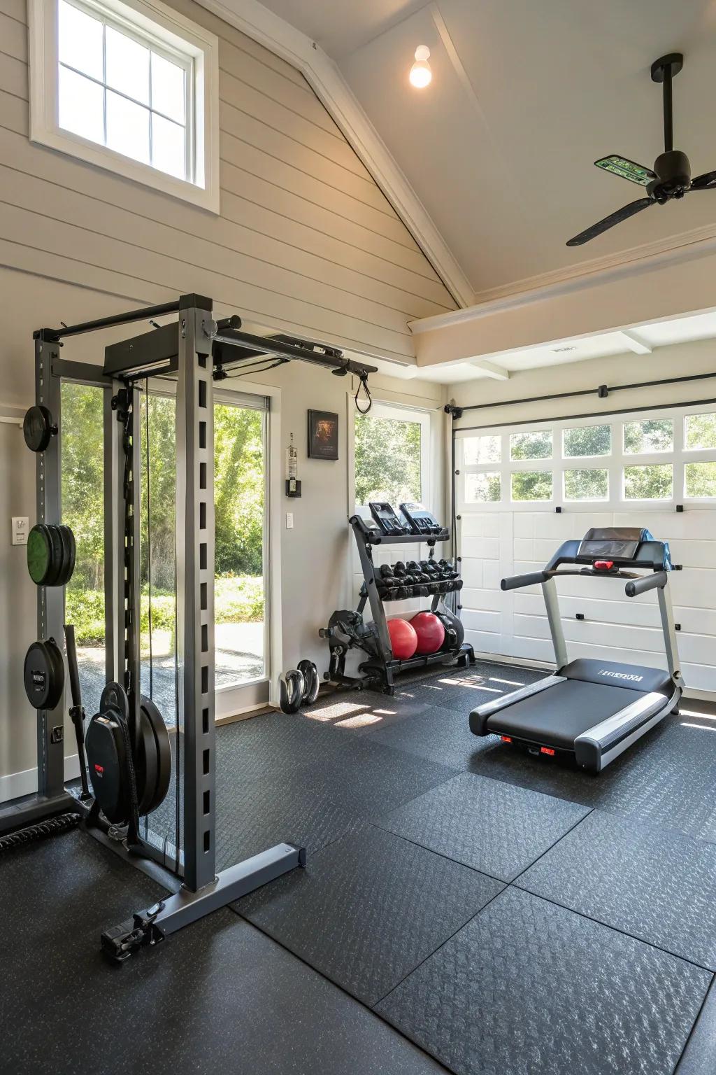 A well-organized garage gym with essential equipment and ample lighting.