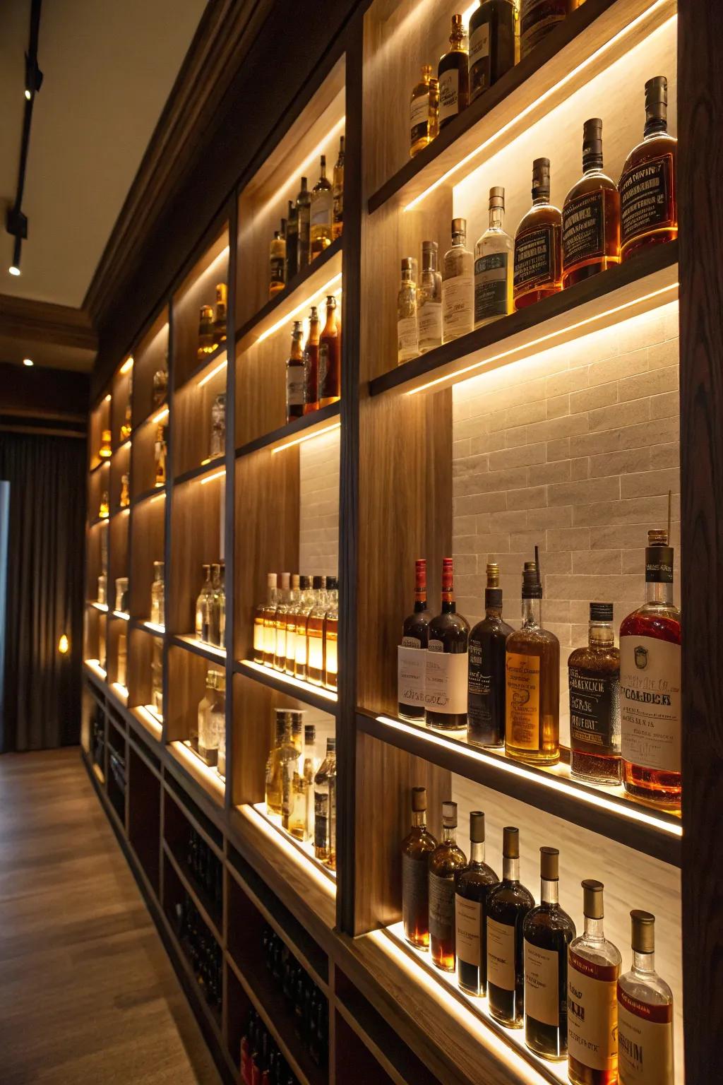 Classic wooden shelves are perfect for displaying your whiskey collection.