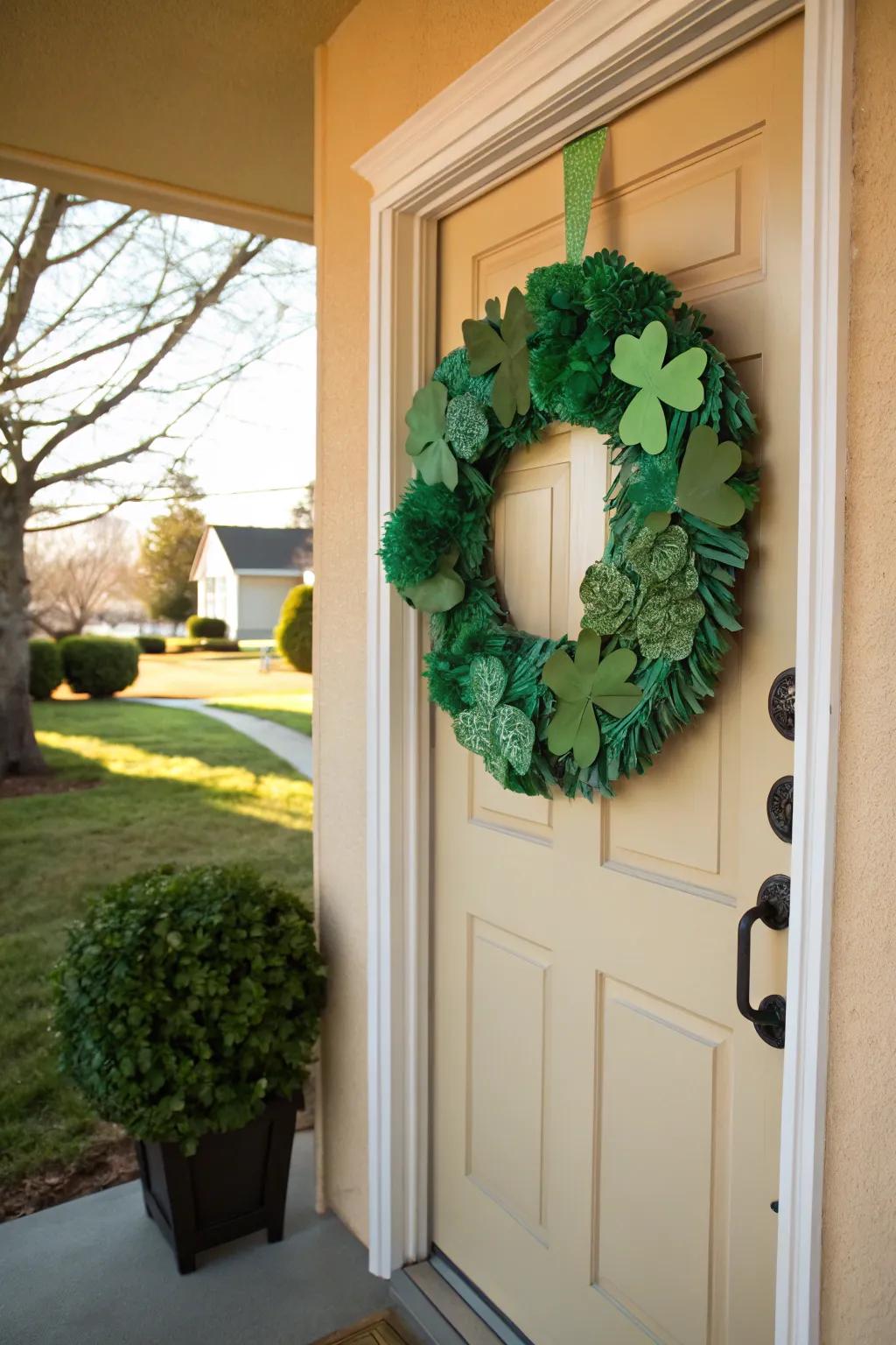 A welcoming shamrock wreath hangs on the front door.