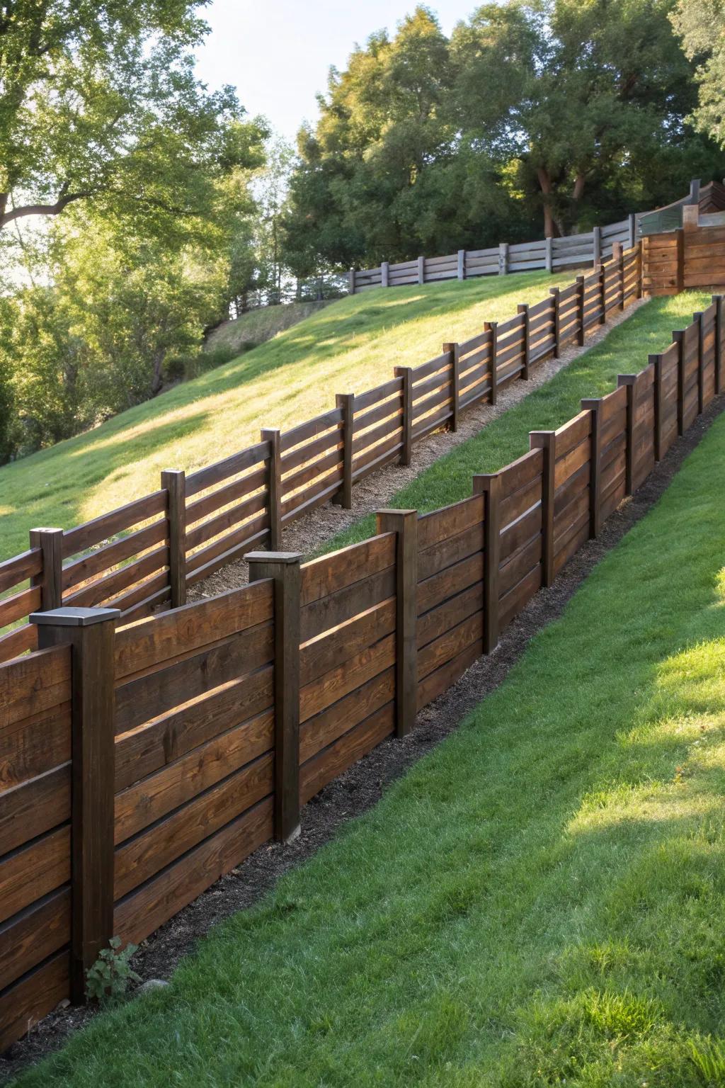 Elevate your sloped yard with the sleek design of a stepped horizontal wood fence, where craftsmanship meets modern style.