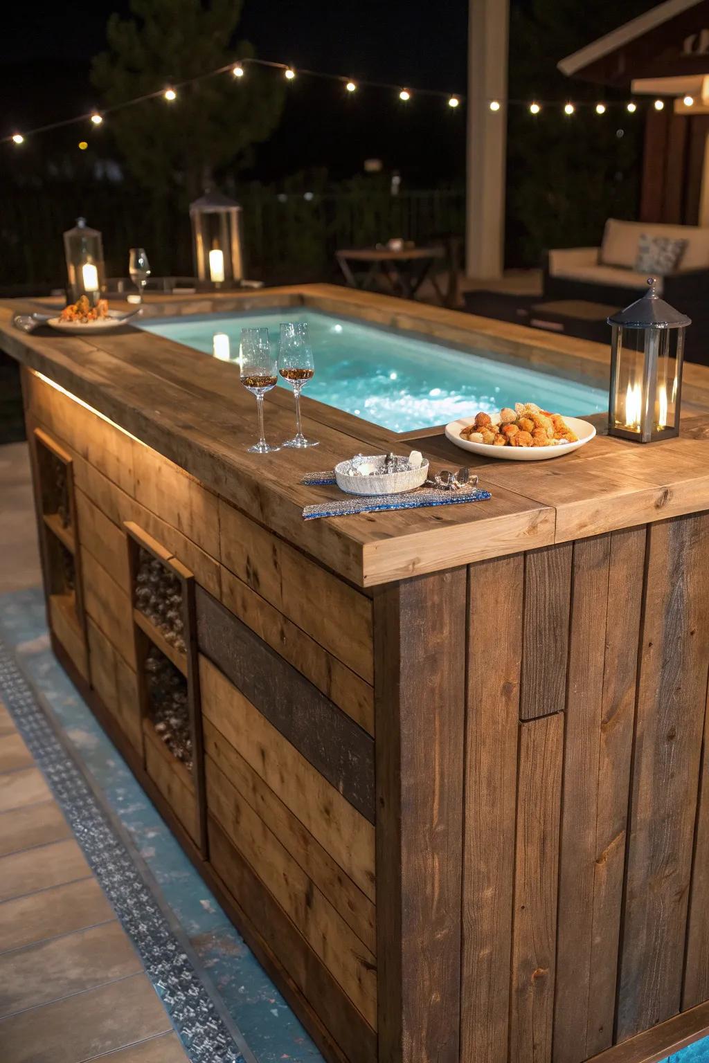Transform your hot tub into a social haven with a stunning wrap-around bar made from reclaimed wood.