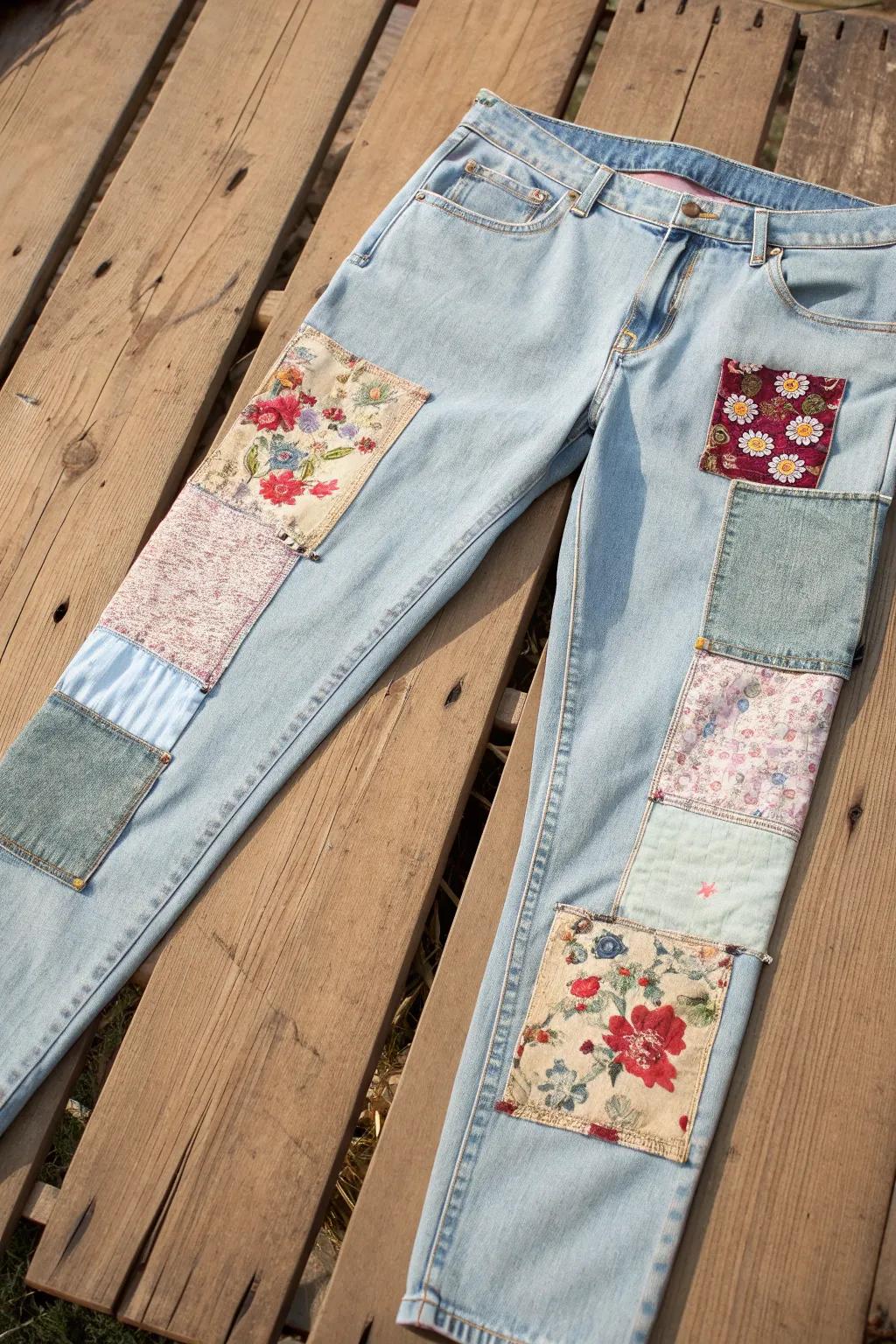 Transform your jeans with playful patchwork for a unique and artistic twist.