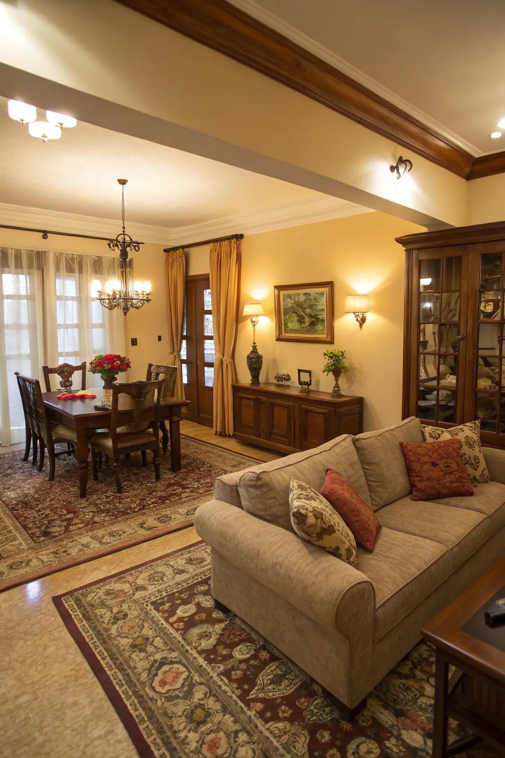 A sofa acts as a subtle boundary between the living room and dining area.