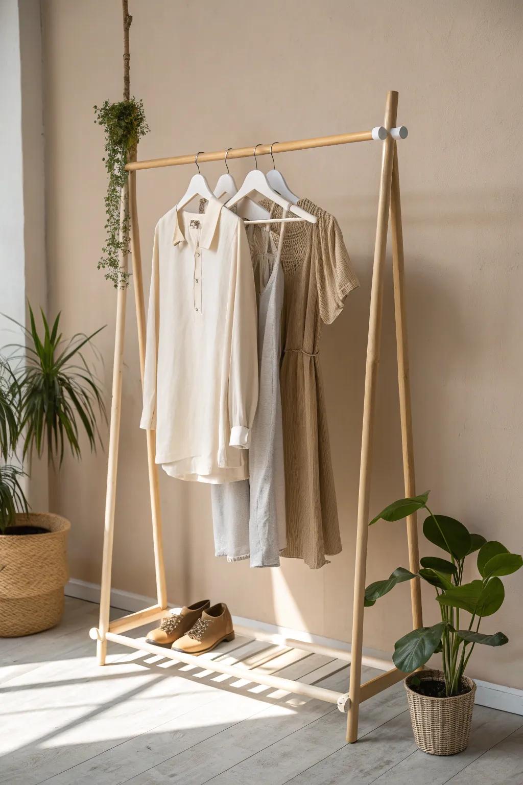 Elevate your garage sale setup with a touch of Scandinavian elegance and boho charm using DIY clothing racks. #MinimalistStyle #DIYClothingRack