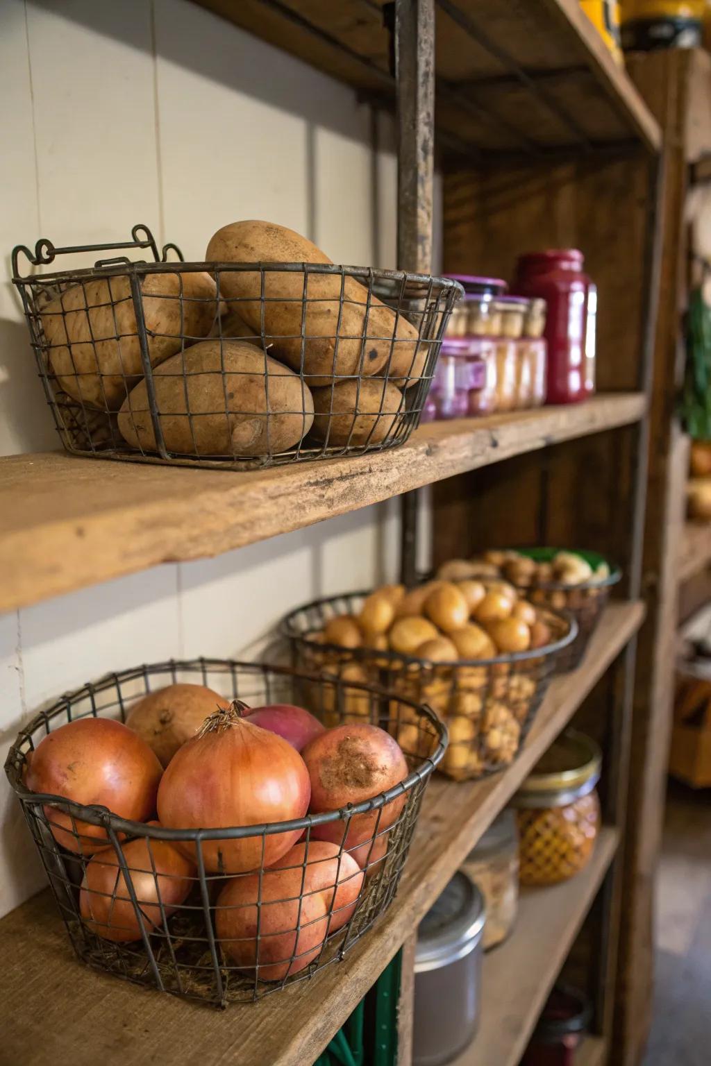 Wire baskets filled with potatoes and onions for optimal air circulation and stylish organization.