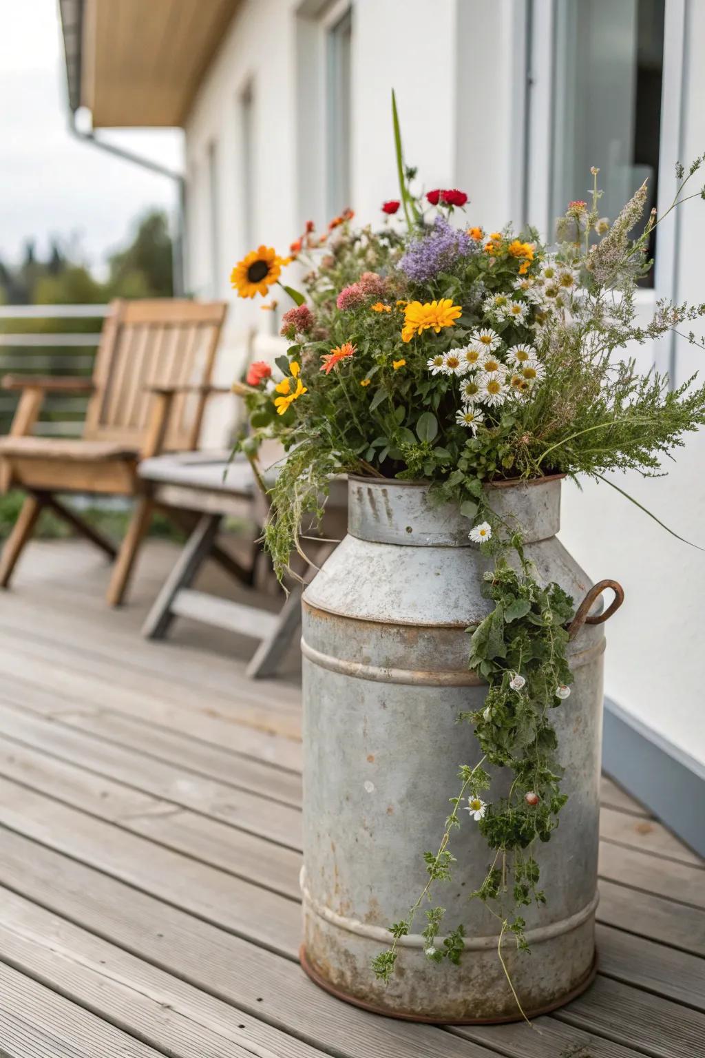 Elevate your space with rustic charm: A vintage milk can turned into a vibrant planter.