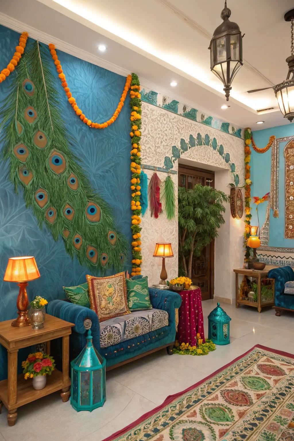 Peacock motifs add a touch of elegance to your Janmashtami decorations.
