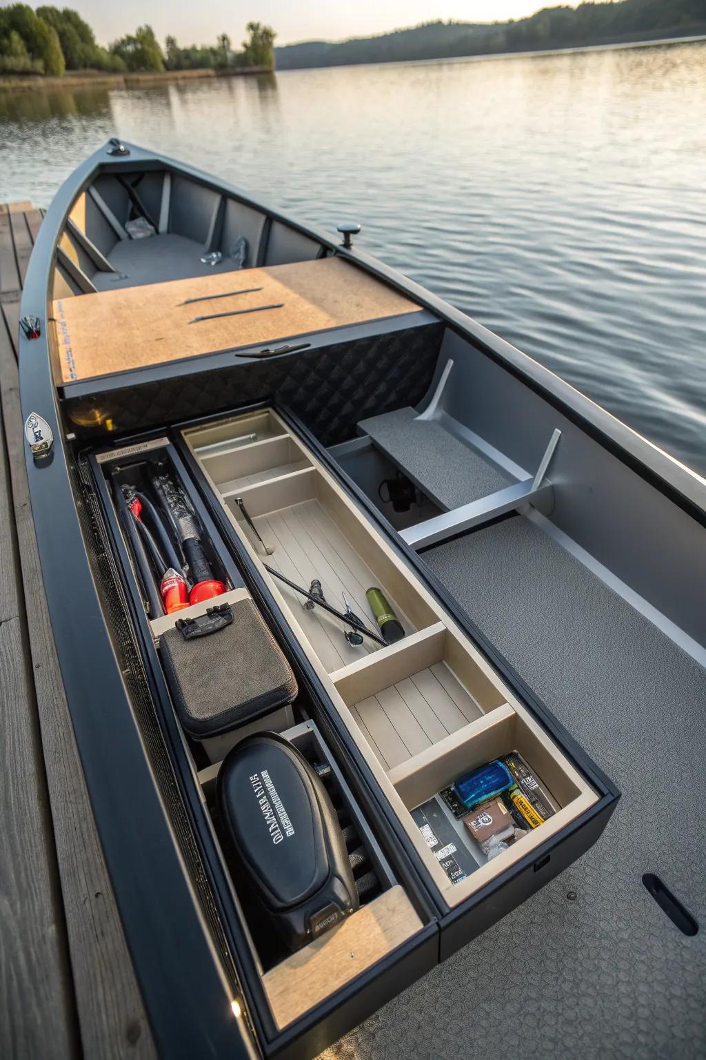 Elevate your Jon boat with expert-built compartments: style meets practicality.