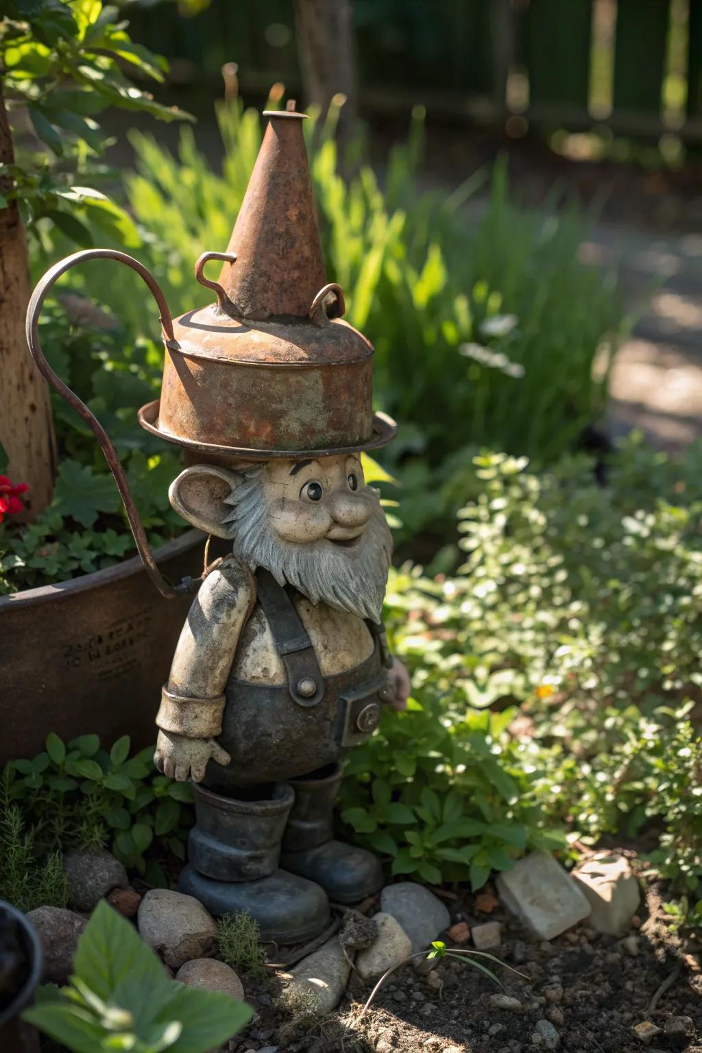 Bring a smile to your garden with a whimsical gnome crafted from forgotten treasures.