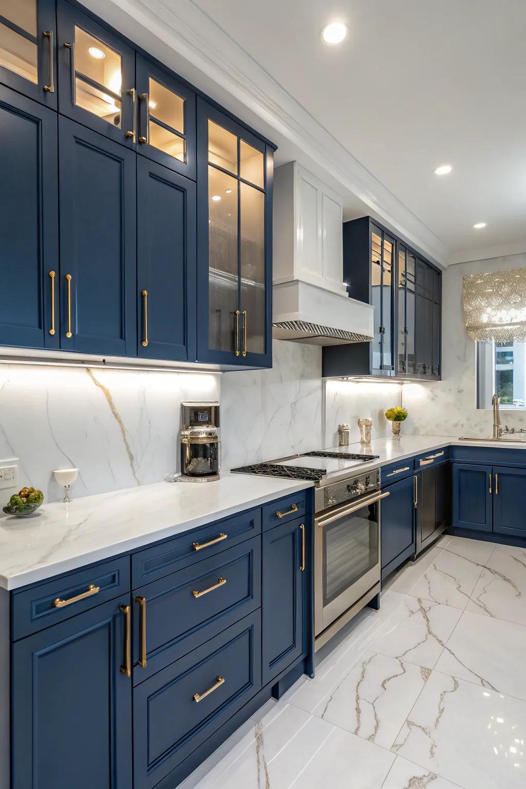 Deep blue cabinets paired with white countertops create a striking contrast.