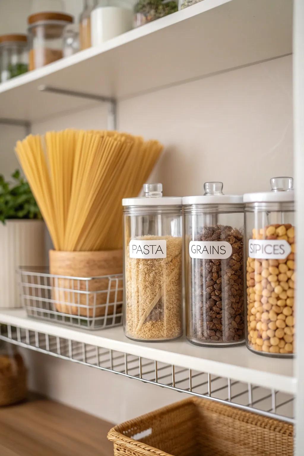 Transform your pantry into a masterpiece of simplicity and style with clear containers and wire shelving.