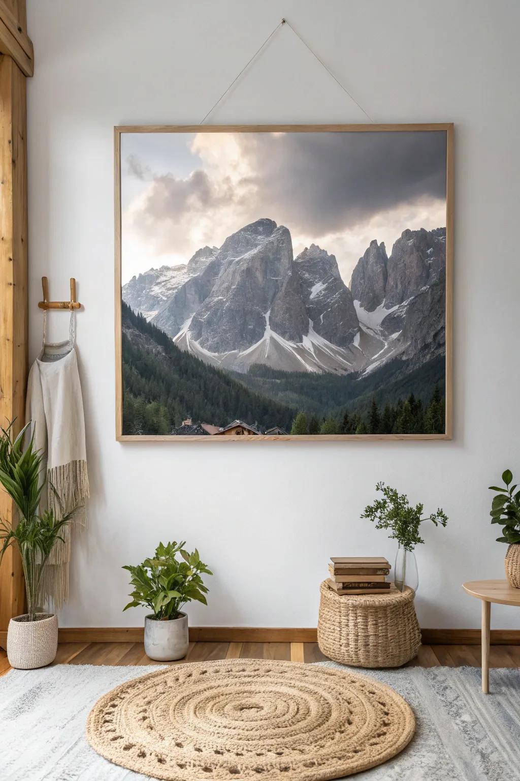 Embrace the drama of nature with this stunning mountain range painting, perfect for adding a touch of serenity and elegance to your space.