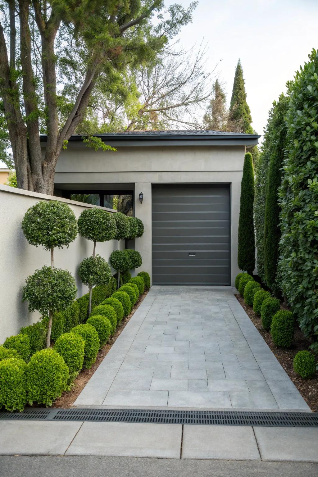 Symmetrical designs enhance the balance in front of garages.