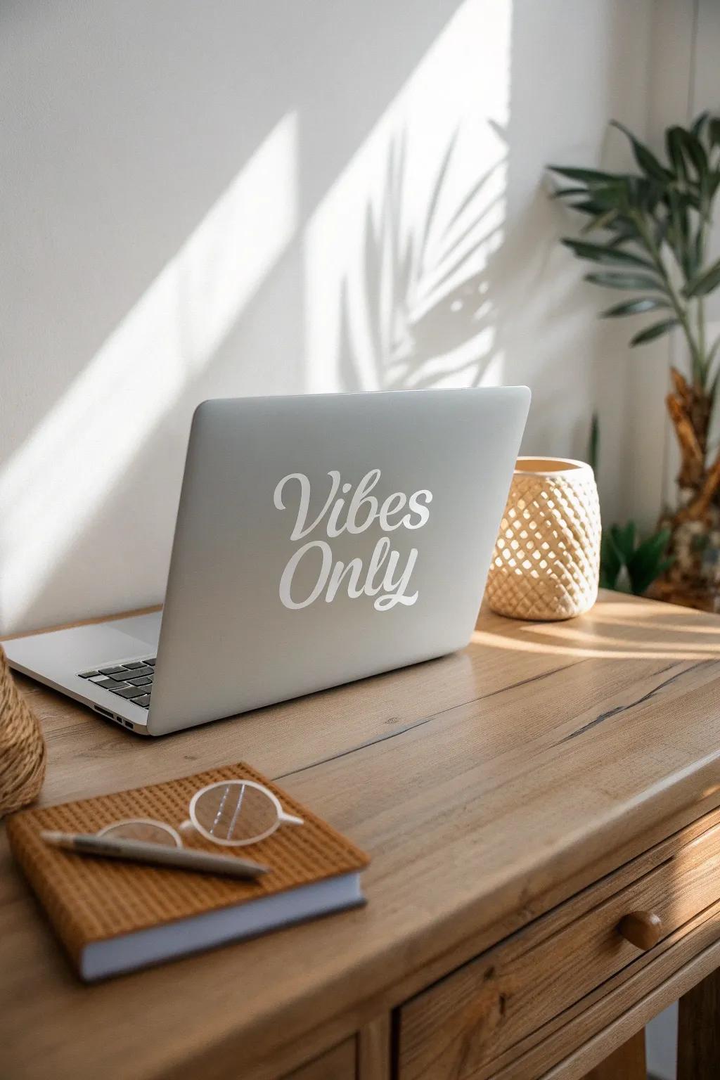 Add a touch of positivity to your workspace with an elegant 'Good Vibes Only' laptop sticker. Simple, stylish, and inspiring.