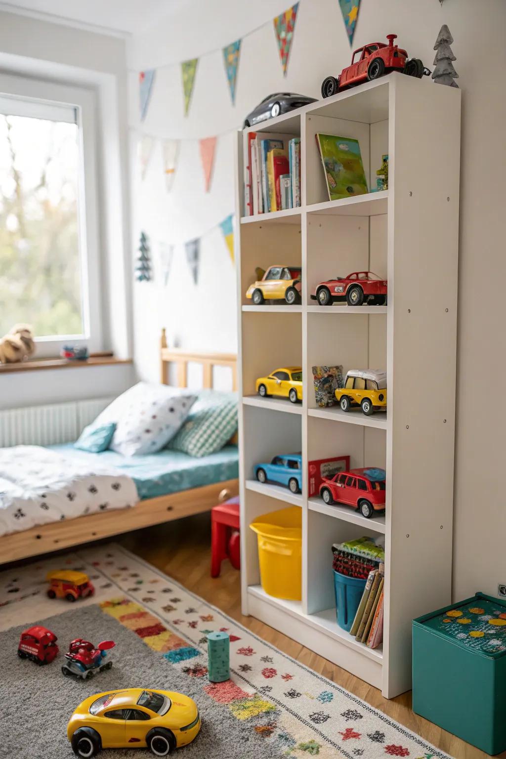 Multi-tiered shelving units make toy cars a part of the decor.
